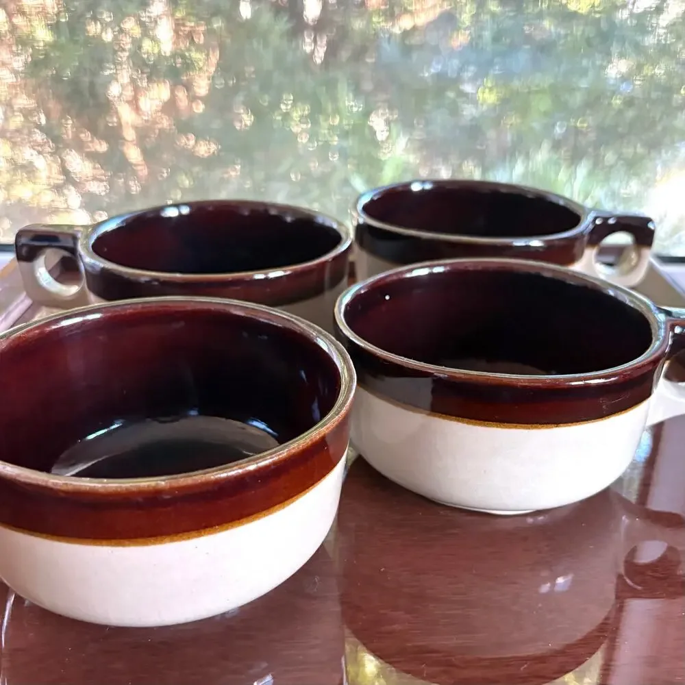Vintage Western Stoneware Maple Leaf Brown Band Soup Mugs, Set of 4